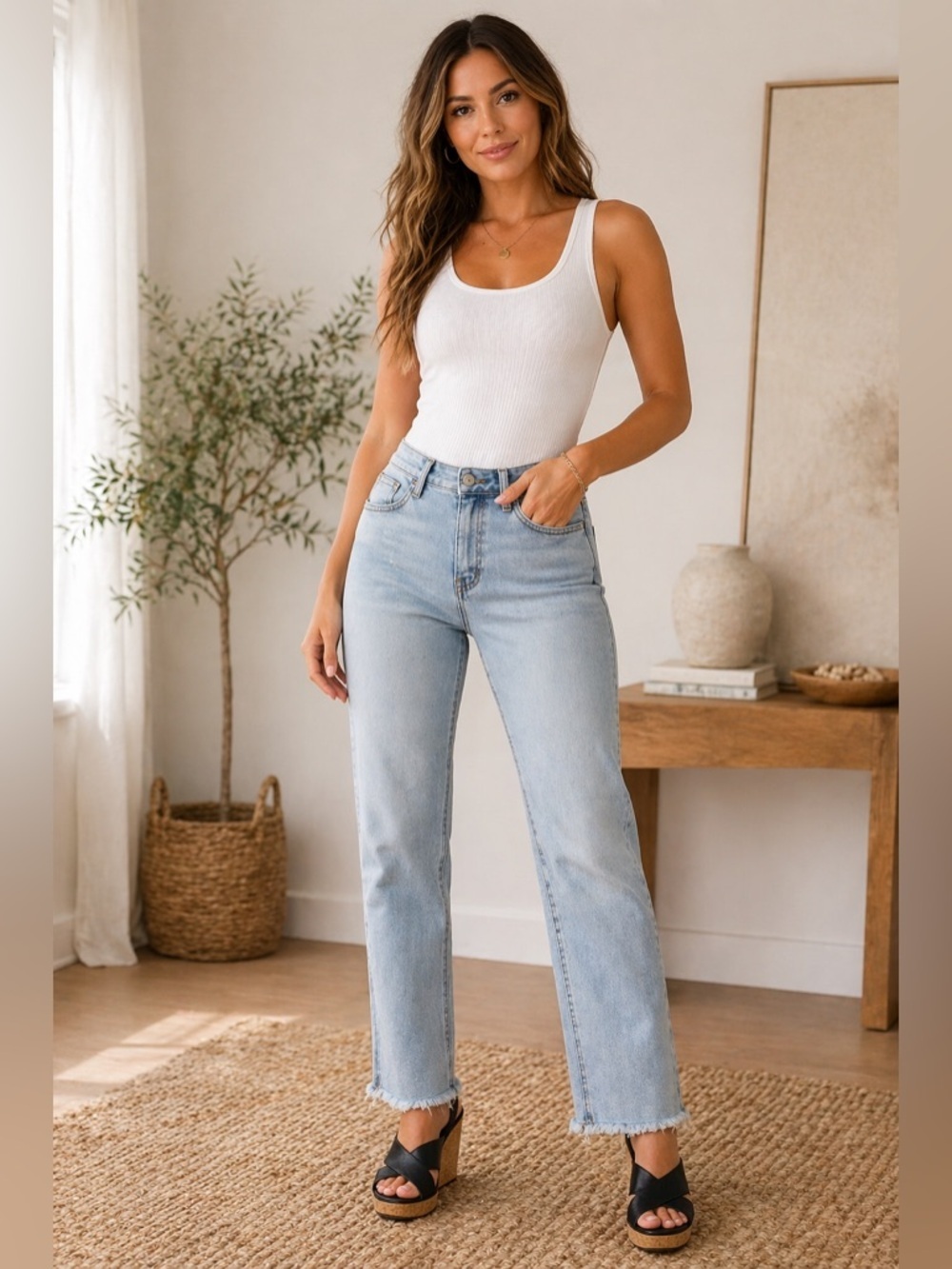 Lovervet Light Wash Straight Leg Jeans Frayed Hem Casual Chic Sz 27 - Picture 9 of 9